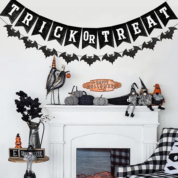Black Trick or Treat Burlap Banner with Glitter Bat Garland,Halloween Mantel Fireplace Decorations,Pre-Strung Halloween Bunting for Wall Porch Party Indoor Outdoor Decor