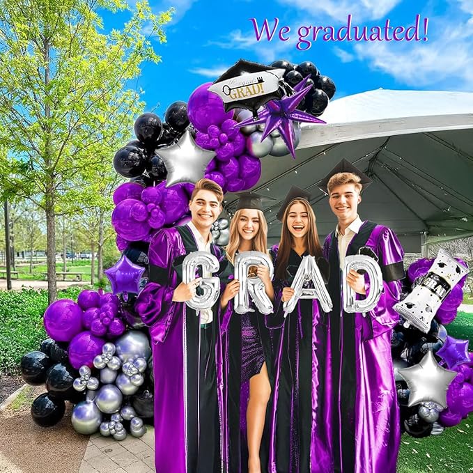 Black dark purple and Silver Balloon Garland Arch Kit 130Pcs with dark purple and Silver Stars, Graduation Certificate Graduation Cap GRAD Letters Mylar Balloons for 2025 kpop Prom Decorations