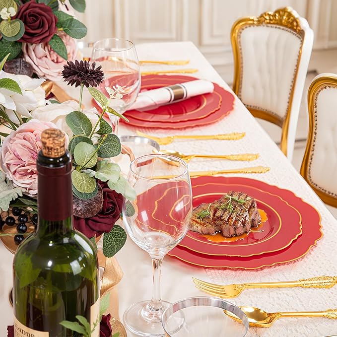 Liacere 350PCS Red Plastic Plates - Red Disposable Plates With Gold Rim - 50Guest Baroque Plastic Dinnerware include 100Plates-50Pack Pre Rolled Napkins with Silverware 50Cups for party & Mothers Day