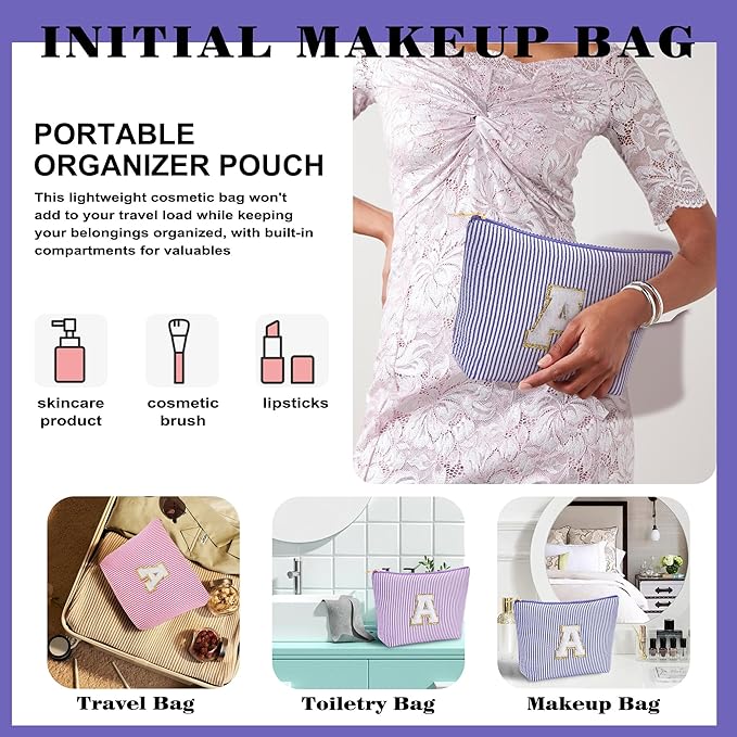 Initial Cosmetic Bag Set - Travel Bag Makeup Pouch, Makeup Bag with Zipper Make up Kit Preppy Stuff Birthday Gifts for Women Travel Essentials Travel Bag, Blue Letter M