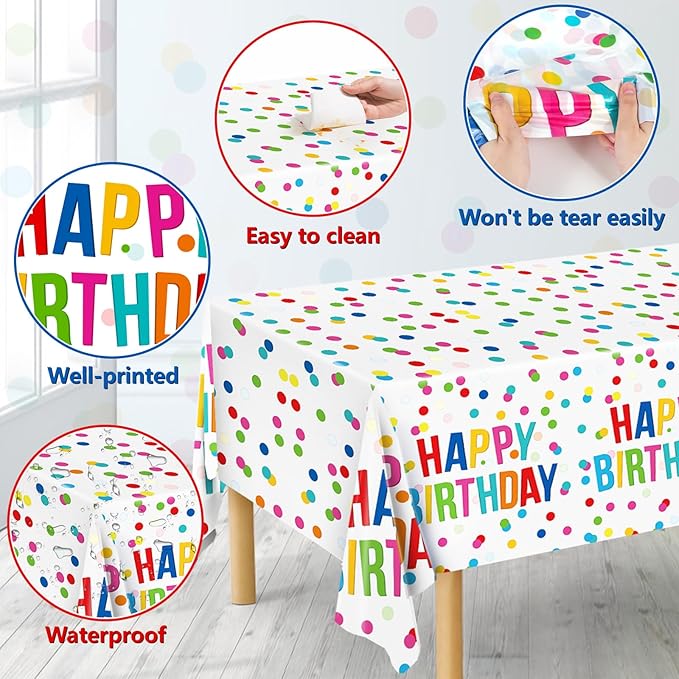 3pcs Birthday Tablecloth, Happy Birthday Decorations Set, Colorful Rainbow Dots Design with Happy Birthday Tablecloth. Waterproof Plastic Table Covers for Boys/Girls Party 54X108inch