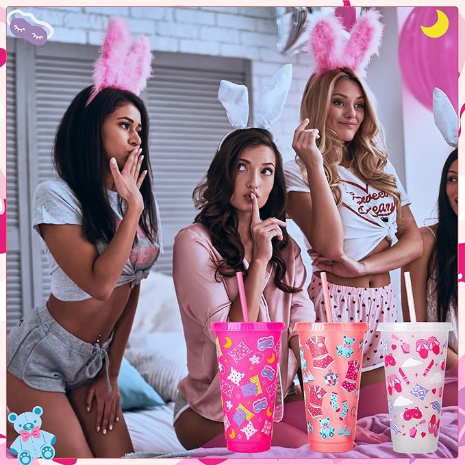 12 Pcs Sleepover Party Cups with Lids and Straws, 24 oz Glitter Iced Coffee Tumbler Sleepover Party Supplies for Girls