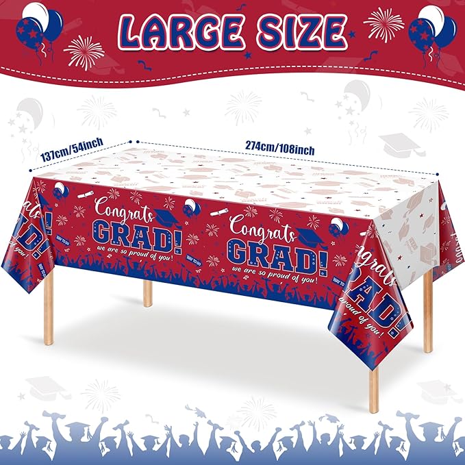 3 Pack Graduation Tablecloth Party Decorations, Class of 2026 Congrats Grad Plastic Tablecover Party Supplies, Red and Blue Rectangle Graduation Table Decor for College High School Party, 54 x 108Inch