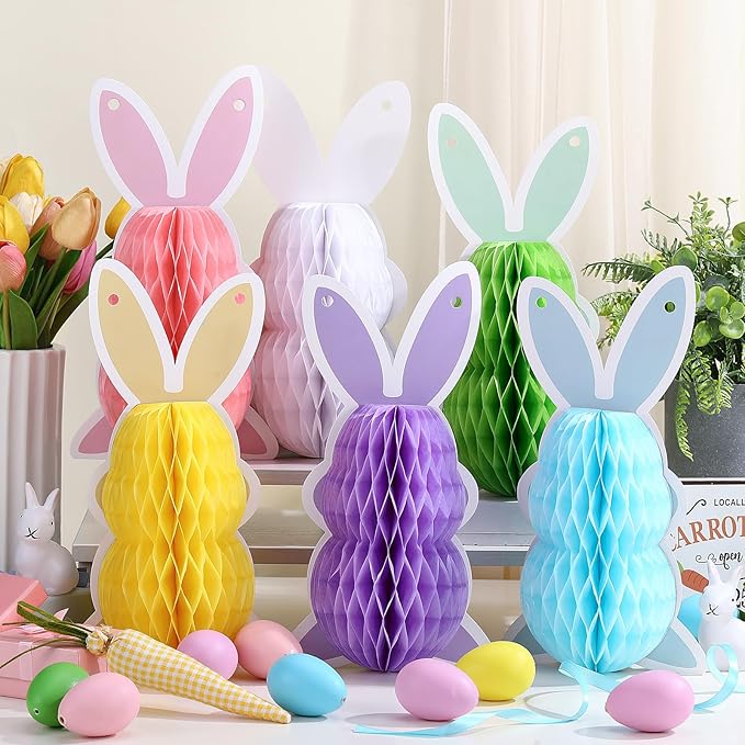6 Pcs Easter Bunny Honeycomb Decorations Honeycomb DIY Table Centerpieces Set Colorful Spring Easter Ornaments for Bunny Themed Birthday Garden Egg Hunt Party Supplies