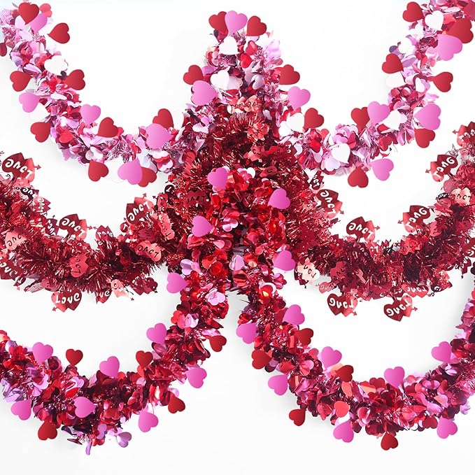Meag-L Valentines Day Decorations 29.5Ft Heart Tinsel Garland 3PCS Red Pink White Valentines Day Decor Metallic Hanging Wreath Supplies for Home Mantle Tree Indoor Outdoor Wedding Galentines Day