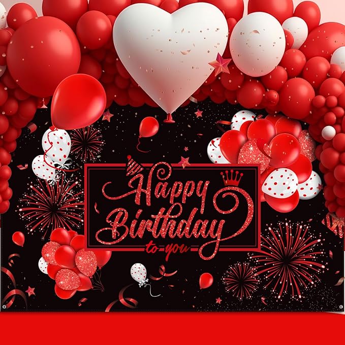 Blulu Happy Birthday Backdrop Banner Sign Poster Large Fabric Glitter Balloon Fireworks Sign Photo Backdrop Background for Birthday Party Decoration Supplies, 72.8 x 43.3in(Black and Red)