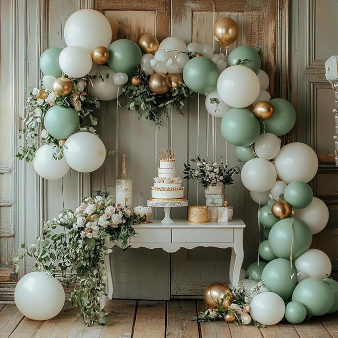 PartyWoo Sage Green Balloon Arch Kit Garland 152pcs Different Sizes of 18 12 10 5 Inch Olive Dusty Green White Gold Confetti Boho Balloons for Baby Shower Graduation Birthday Jungle Party Decorations