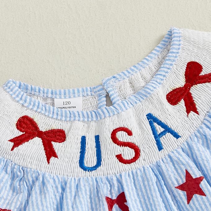 MoZiKQin 4th of July Baby Girl Outfit Toddler USA Dress Ruffle Sleeve American Flag Smocked Dresses Fourth of July Outfit