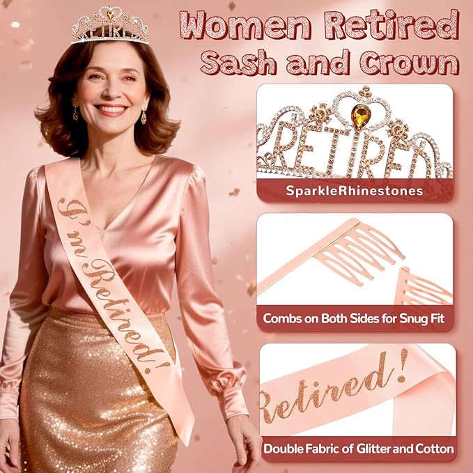 Retirement Party Decorations, 44Pcs Rose Gold Retirement Decorations for Women Include Happy Retirements Banner Retired Sash Crown Fringe Curtain & Foil Balloons for Women Retirements Decorations