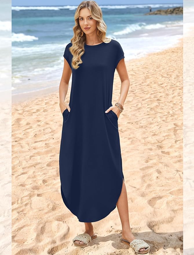 WIHOLL Summer Dresses Cap Sleeve Crewneck Maxi Long Casual Dress with Pockets Beach Vacation Sundresses 2026 Trendy