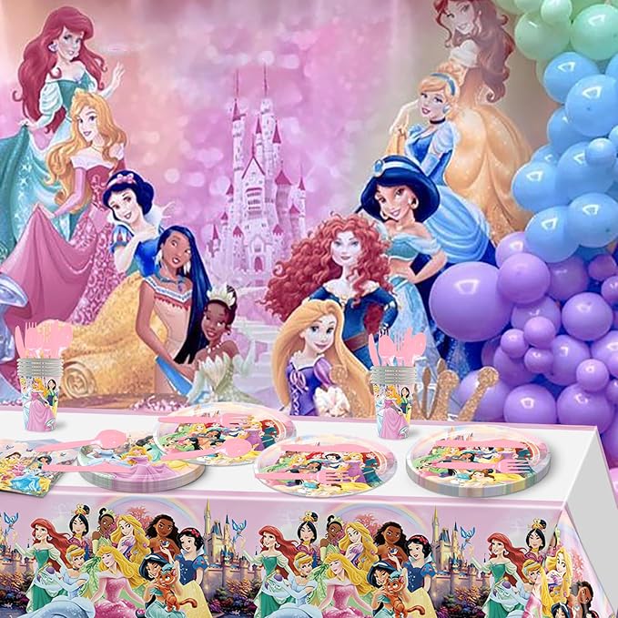 81 PCS Princess Birthday Party Supplies, Princess Tableware Set Includes 20 PCS Plates, 20 PCS Napkins, 10 PCS Paper Cups, 1 PCS Tablecloth and 10 PCS Plastic Knives/Spoon/Forks for Party Decorations