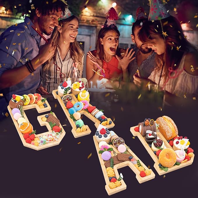 4PCS Wooden Graduation Decorations Number Charcuterie Board Box-(with 14 Balloons) GRAD Charcuterie Numbers Fillable Food Graduation Party Supplies Suitable for 2025 Party Graduation Decoration