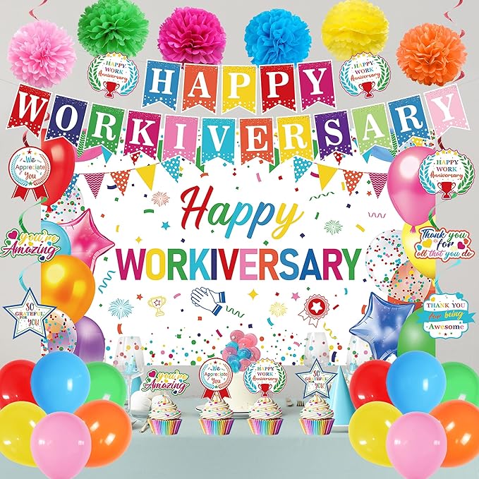 DARUNAXY Happy Workiversary Party Decorations for Men Women, Colorful Happy Work Anniversary Banner Cake Topper Hanging Swirl Confetti Balloons Decor Set for Employee Office Party Supplies(31PC)