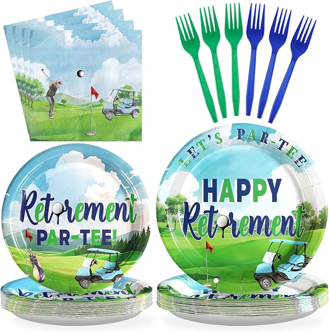 96Pcs Golf Retirement Party Decorations Sport Happy Retirement Plates and Napkins Tableware Set Golf Retire Decorations Favor for Men Golfers Lover Going Away Partee Farewell Party Supplies Serves 24
