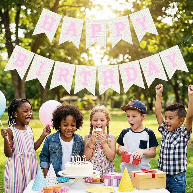 Burlap Happy Birthday Banner, Pink Assembled Happy Birthday Banner Sign Garland for Boys Girls Rustic Party Decorations