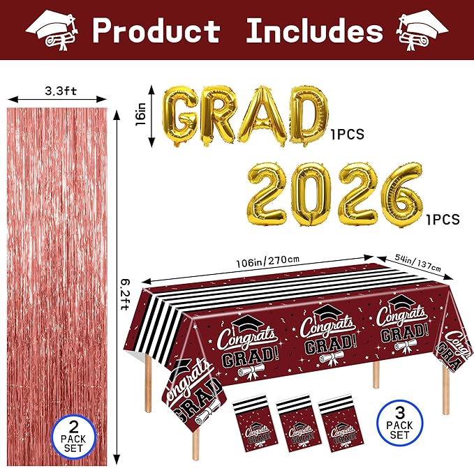 7-Pack Graduation Party Decorations Set, 3 Maroon Graduation Tablecloths 54 x 108 in, 2026 and Grad Balloons, 2 Foil Fringe Curtains for High School College Graduation Party Photo Booth