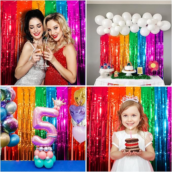 4 Packs Rainbow Foil Fringe Curtain, Assorted Color Metallic Tinsel Backdrop for Birthday, Baby Shower, Wedding, Rainbow Party Decorations Supplies