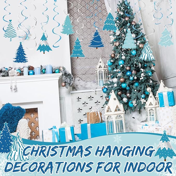 Colarr 50 Pack Winter Hanging Swirls Decorations Blue Tree Foil Ceiling Swirls Spiral Streamers Ornaments for Classroom Office Home Xmas Holiday Winter Party Supplies
