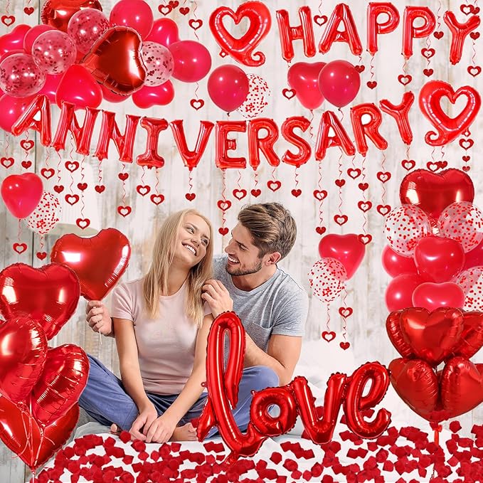 Happy Anniversary Decorations with Red Happy Anniversary Banner, Heart Balloons, Love Balloon, Silk Rose Petals and Heart Hanging Decor for Valentines Day, Wedding, Bridal Shower Decorations