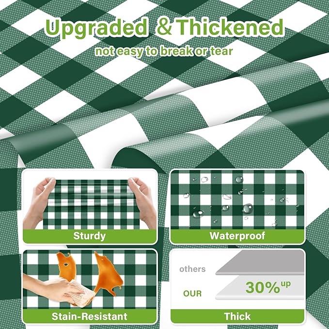 Mulbozy Dark Green Gingham Tablecloth 2 Pack, 54 x 108 Inch Plastic Table Cloth Disposable, Green and White Checkered Table Cover for Party Supplies