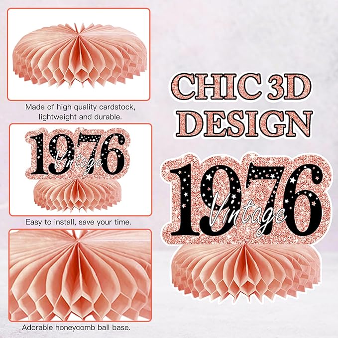9Pcs 50th Birthday Decorations Honeycomb Centerpieces for Women, Rose Gold Pink Happy 50th Birthday Centerpieces Tables Toppers Party Decorations Supplies, Vintage 1976 Aged Table Sign Decor