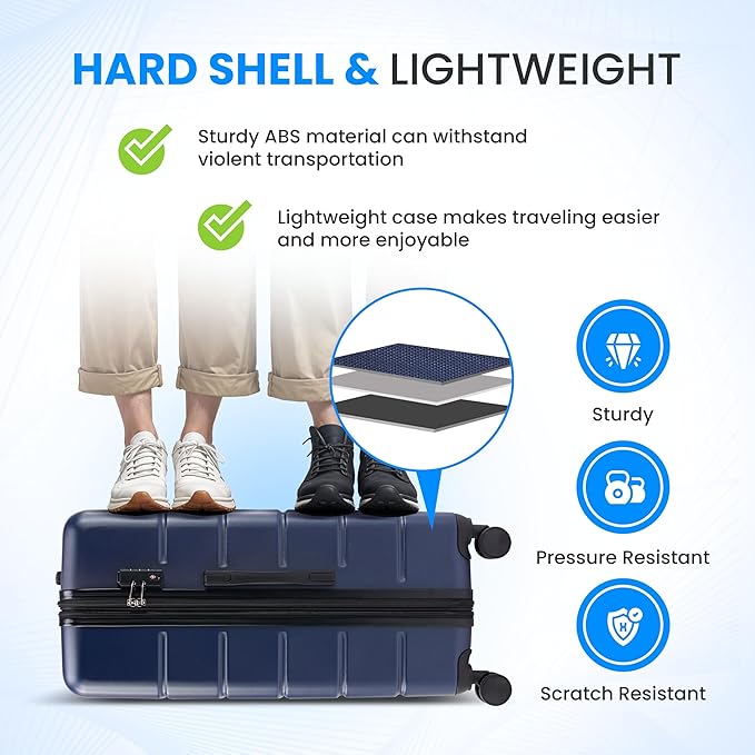 Simple Deluxe 20/24/28 Inch Expandable Hardside Carry On with Spinner Wheels & TSA Lock, ABS Hard Shell Lightweight Rolling Luggage Suitcase, Blue
