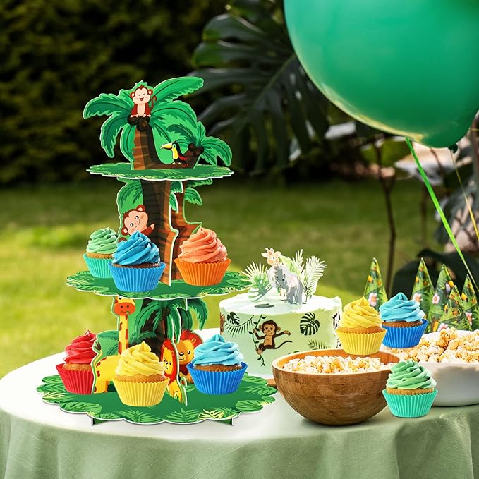 Safari Birthday Decorations 3 Tier Jungle Baby Shower Cupcake Stand Wild One Birthday Table Decor for Boys Lion Party Safari Zoo Party Favor Supplies