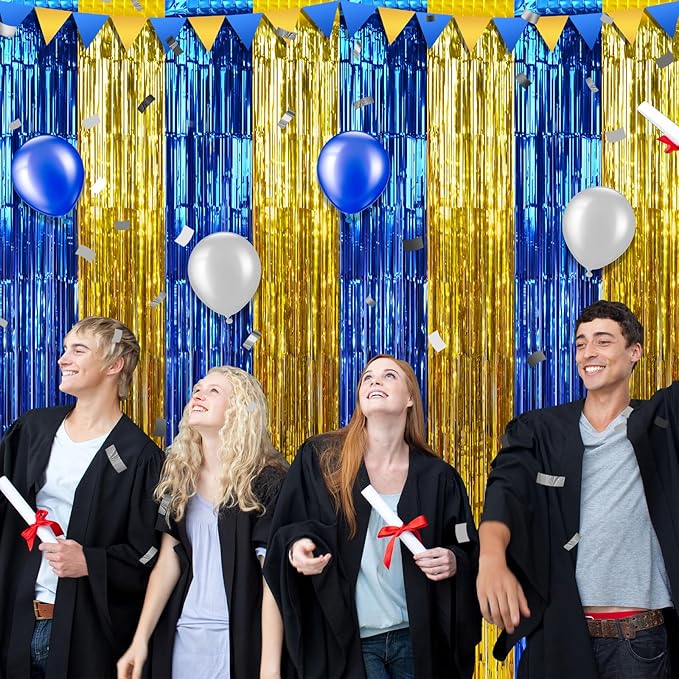 6 Pack 3.3Ft x 6.6Ft Graduation Foil Fringe Curtain Backdrop Decorations, Blue Gold Metallic Tinsel Foil Streamers Curtain Photo Booth Background for Graduation Prom Wedding Birthday Party Decorations