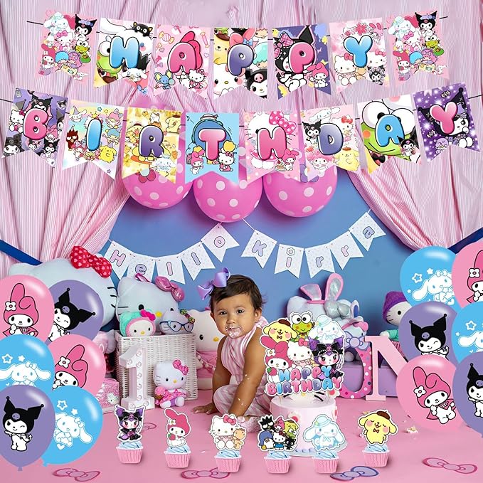 𝓢𝓪𝓷𝓻𝓲𝓸 birthday party supplies,Cute Anime party including cake caps, cupcake caps, flags, Latex Balloons, It is very suitable for birthday party supplies.