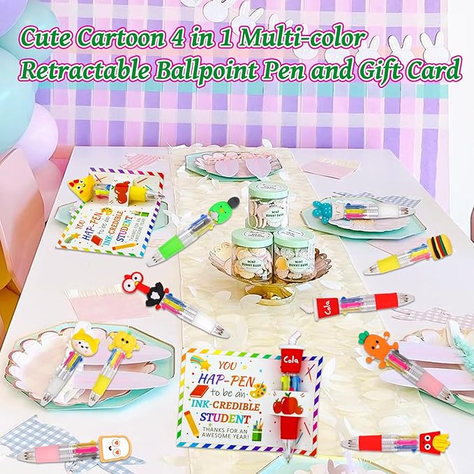 CZWZ 30 Set Cute Multicolor Pens in One 4-in-1 Fun Pens Bulk with 30 Gift Cards for Kindergarten Party End of Year Student Gift Bulk Office School Exchange Gifts