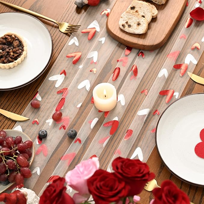 Artoid Mode Red Heart Gauze Table Runner 120 Inch 10FT,Glitter Metallic Foil Valentine’s Day Sheer Dining Anniversary Wedding Table Decor for Home Party