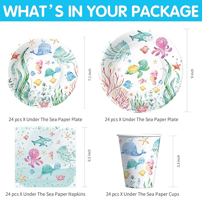 APOWBLS Under The Sea Party Decorations For Ocean Theme Birthday Baby Shower, Ocean Under The Sea Party Supplies, Plate, Cup, Napkin, Tablecloth, Cutlery, Underwater Sea Life Party Tableware, Serve 24