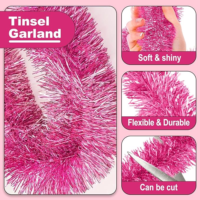 50 Feet Christmas Tinsel Garland, Metallic Twist Wall Hanging Tinsel Backdrop for Parade Floats, Carnival, Birthday, Wedding, New Year Party Decorations (Pink, 2in x 50ft)