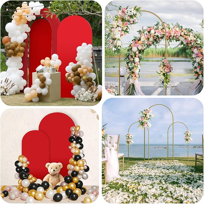 Arch Backdrop Stand and Cover Set, 3 Metal Balloon Arch Backdrop 4ft 5ft 6ft, Gold Arched Stand Frame for Wedding, Parties,Birthday, Backdrop Decorations (Red,4ft+5ft+6ft)