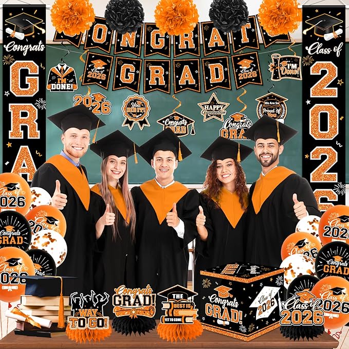 Graduation Decorations Class of 2026,Orange and Black Graduation Decorations 2026- Congrats Grad Decorations Orange Banner＆Hanging Swirls,Card Box,Pompoms,Balloons,Porch Sign for College Grad Party