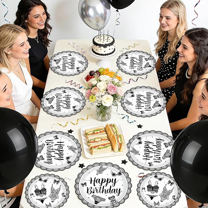 96Pcs Black Lingerie Happy Birthday Decorations Bras and Panties Plates and Napkins Lingerie Bachelorette Party Tableware for Women Girls Birthday Bachelorette Bridal Shower Party Supplies Serves 24