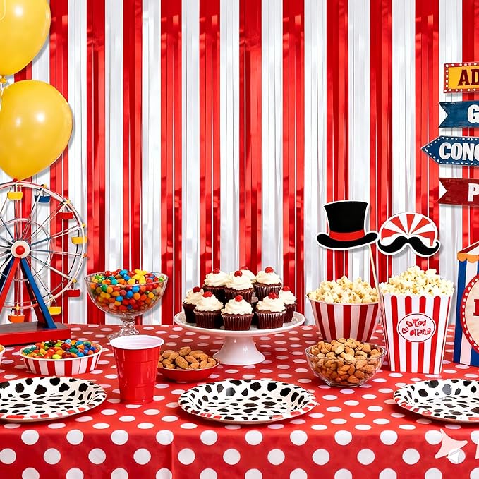 2 Pack Photo Backdrop, Clown Circus Theme Party Decorations Red & White Tinsel Curtain 3.3x6.6 Ft Foil Fringe Backdrop for Holiday Carnival Circus, Birthday, Wedding, Graduation