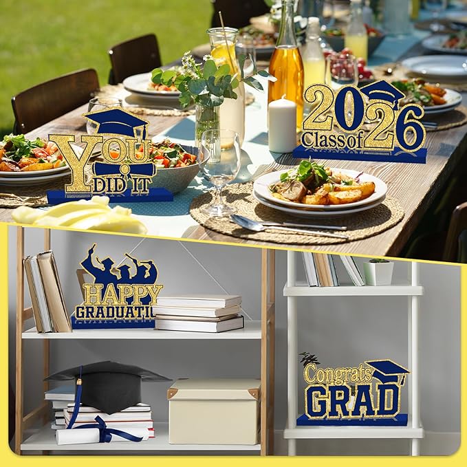 4Pcs Graduation Decorations Class of 2026 Wood Table Centerpieces Congrats Grad Wooden Sign Graduation Table Toppers Congratulate Tiered Tray Decor for 2026 Graduation Party (Navy Blue-Gold)
