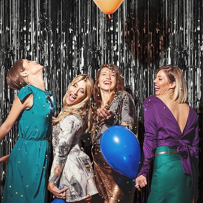 6 Pack Black Foil Curtain Backdrop 3.2ft x 6.6ft Metallic Tinsel Fringe Backdrop Curtains Streamer Photo Booth Backdrop for Birthday Engagement Bachelorette Christmas Holiday Party Decorations