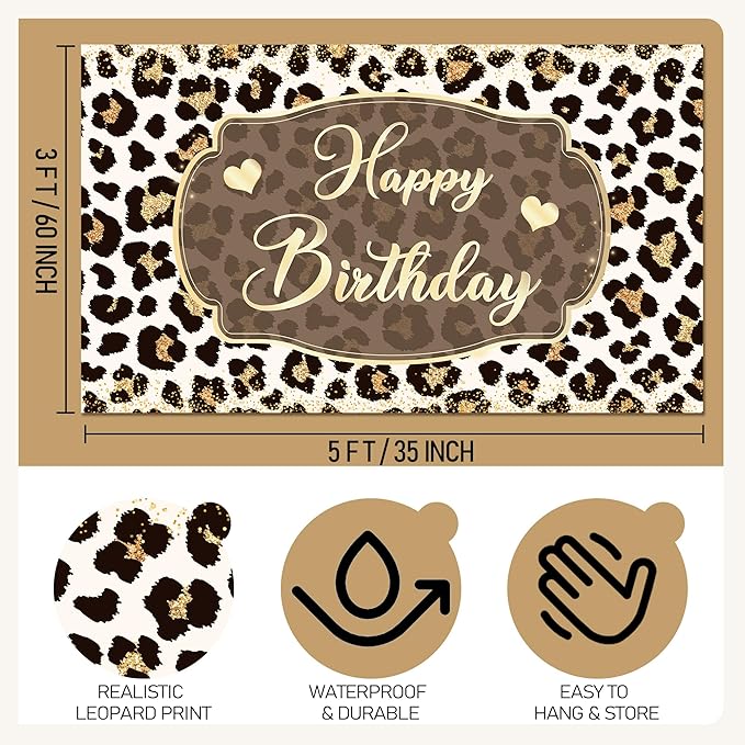 Leopard Happy Birthday Backdrop 5 x 3 Ft Cheetah Print Birthday Decorations Backdrop Banner for Women Girl, Cheetah Leopard Party Decorations for Wall, Photography Background Decor