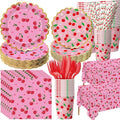 Ceenna 452 Pcs Cherry Birthday Party Supplies for 50 Guest, Summer Fruit Paper Plates Napkins Cups Tablecloth Cutlery Straw Disposable Tableware for Picnic Birthday Baby Bridal Shower Party Decoration