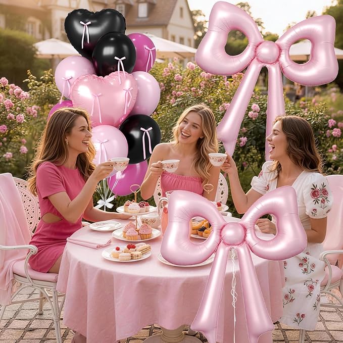 Pink and Black Heart Balloons, 38 Inch Bow Balloons, Black Hot Pink Pastel Balloon with Bow Ribbons for Women Birthday Anniversary Wedding Bridal Baby Shower Valentines Day Decorations