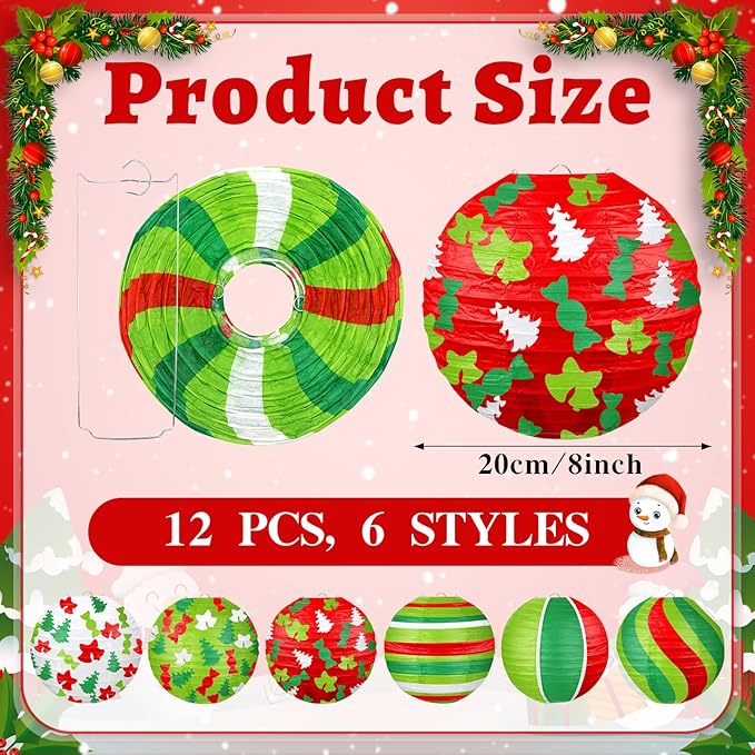 ADLKGG Christmas Party Decorations, Red Green Christmas Trees Bell Candies Printed Paper Lantern Decorative for Holiday Xmas Party Baby Shower Birthday Indoor Outdoor, 12Pcs