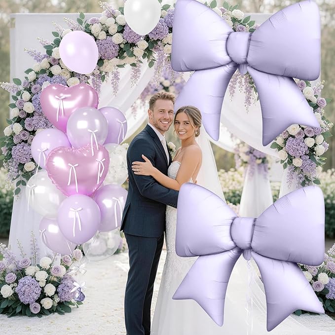 18Inch Purple Heart Balloon, 38 Inch Bow Balloons, Pearl Purple Light White Balloon and Bow Heart Shaped Foil Balloons for Lavender Birthday Wedding Bridal Baby Shower Valentines Day Decorations