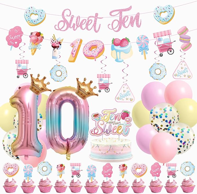 Sweet Ten Birthday Decorations- 10th Birthday Decorations For Girl With Happy 10th Birthday Banner Sweet Ten Cake Topper 10th Foil Balloon For 10th Donut Themed Party Decor Gifts For Teenage