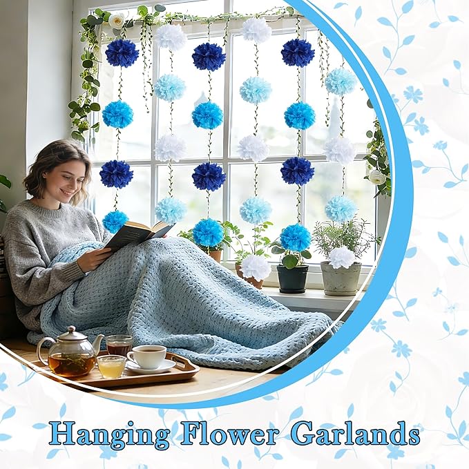XIANNVXI Blue Tissue Paper Pom Pom Garlands Artificial Flowers Hanging Decorations 8.2ft Hanging Flowers Garland for Birthday Bridal Shower Party Spring Decorations 2PCS（Blue Gradient）