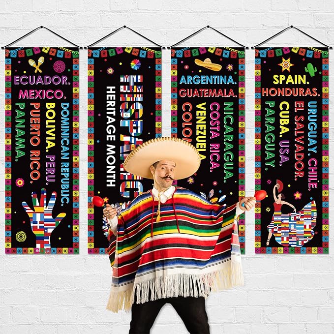 Panelee 4 Pcs Hispanic Heritage Month Decorations National Hispanic Heritage Month Banner Latin American Porch Signs Spanish Classroom Decor for Classroom Home Wall Indoor Outdoor Hanging Backdrop