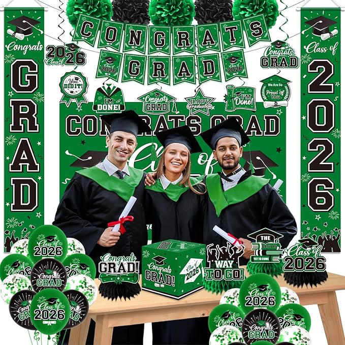 Graduation Decorations 2026 Green Party Decor Set with Congrats Grad Banner, Class of 2026 Backdrop, Balloons, Box & Streamers Supplies for High School & College Celebrations