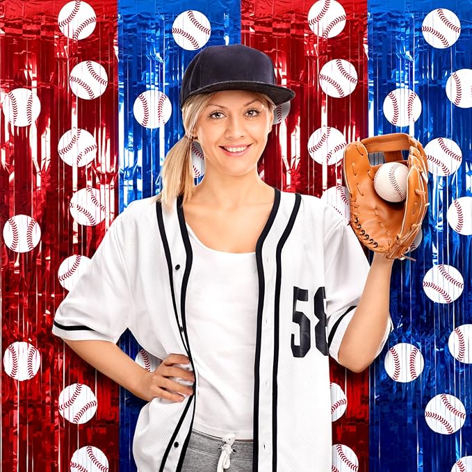 Soulchen 2 Pack Baseball Birthday Party Decorations 3.3 x 6.6 ft Baseball Backdrop Red Blue White Sports Foil Fringe Curtain Photo Props Sports Birthday Banner Party Supplies