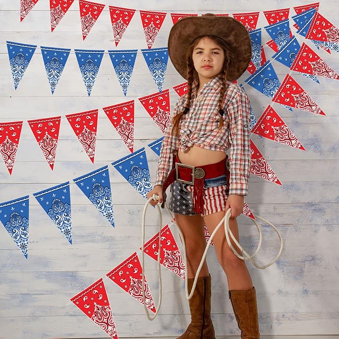 Boao 5 Pack Western Cowboy Party Decorations Bandana Pennant Banner Wild West Decor Western Cowboy Themed Yee Haw Country Party Decoration Supplies 9.8 x 5 ft(Red, Blue Paisley)